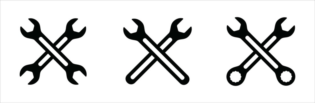 Wench icon set. Wrench tool with ratchet vector icon set. Symbol and sign of hand tool, mechanic job, technical, setup, setting, construction, website builder. Vector stock illustration.
