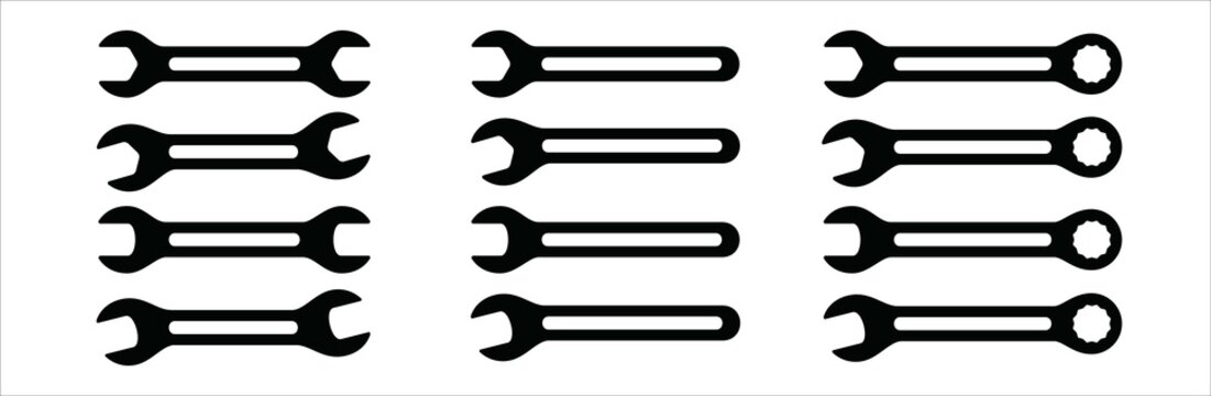 Wench icon set. Assorted wrench tool with ratchet vector icon set. Symbol and sign of hand tool, mechanic job, technical, setup, setting, construction, website builder. Vector stock silhouette illustr