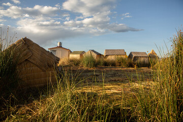 The floating village of Uros on Lake Titicaca, Peru. Lake Titicaca is the largest lake in South America and the highest navigable lake in the world.