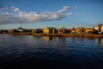 The floating village of Uros on Lake Titicaca, Peru. Lake Titicaca is the largest lake in South America and the highest navigable lake in the world.