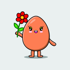 Cute cartoon brown cute egg character holding red flower in concept 3d cartoon style