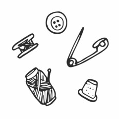 Vector graphic set of hand drawn sewing tools. Sewing kit illustration. Beautiful design elements.