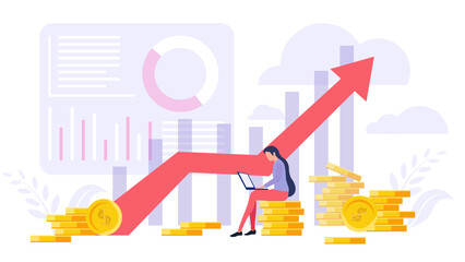 Illustration investment chart with money on white background. Vector concept development strategy, sales analysis, growth statistics, employee making financial plans on laptop in cartoon style.
