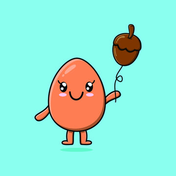 Cute cartoon brown cute egg floating with acorn balloon cartoon vector illustration