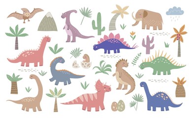 Set of cute dinosaur illustrations and tropical plants isolated on white background. Prehistoric lizard cartoon collection with floral elements. Hand drawn characters reptiles, vector.. - obrazy, fototapety, plakaty