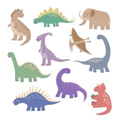 Set of cartoon dinosaur vector illustrations . Prehistoric lizard collection isolated on white background. Hand drawn cute characters reptiles