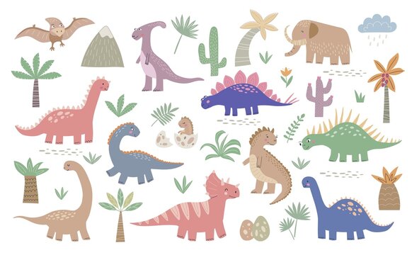 Set of cute dinosaur illustrations and tropical plants isolated on white background. Prehistoric lizard cartoon collection with floral elements. Hand drawn characters reptiles, vector..