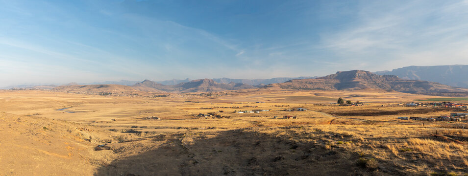 Beautiful scenery with houses at Drakensberg, South Africa.