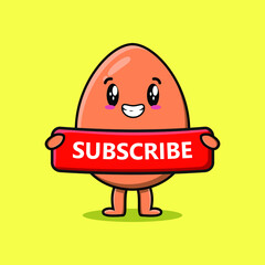 Cute cartoon brown cute egg character holding red subscribe board