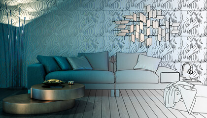 Wohnlandschaften: modernes Sofa, Wandverkleidung und Deko beim Kunstlicht (Entwurf) - 3D Visualisierung - obrazy, fototapety, plakaty
