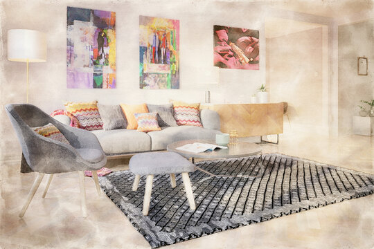 Modern Furniture and Art Panintings Inside an Apartment - Watercolor Painting
