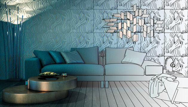 Wohnlandschaften: modernes Sofa, Wandverkleidung und Deko beim Kunstlicht (Entwurf) - 3D Visualisierung