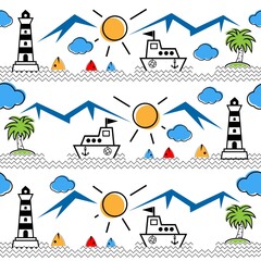 Seamless pattern with mountains, lighthouses, sea, fish, boats, coconut trees. Design for wall decoration, postcard, poster, brochure, shirt, etc