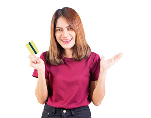 Woman hold credit card for payment smile happy isolated on white background