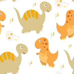 Dinosaur Seamless pattern - cute dinosaurs, dinosaurs eggs on white background. Vector kids illustration for nursery design. Dino pattern for baby clothes, wrapping paper.