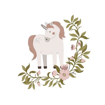 recommend clip art: Hand drawn cute unicorn with flowers frame isolated on white background. Magic horn vector illustration. Design for invitation, posters, cards, wall art prints and clothes.
