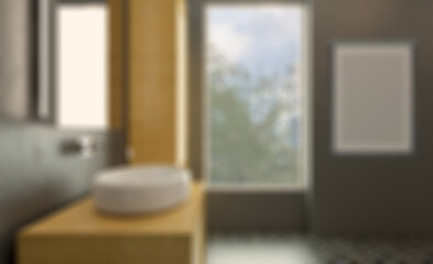 Clean and fresh bathroom with natural light. 3D rendering.. Abstract blur phototography.