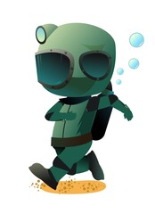 Diver in retro scuba gear trying to run in water. Guy in underwater suit bottom of pond. Funny cartoon style. Extreme sports. Person in lake or sea. Air bubbles. Isolated on white background. Vector