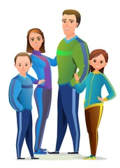 Obraz premium Man and woman in tracksuit. Got ready for sports activities. Cheerful person. Standing pose. Cartoon style. Single character. Illustration isolated on white background. Vector