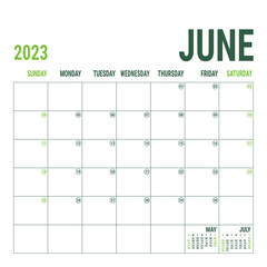 June. Planner 2023 year. English vector square calendar template. Minimalistic design. Week starts on Sunday