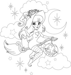 Witch flying on a broomstick with her cat familiar. Vector outline for coloring book