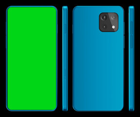 3D rendered realistic looking smartphone on black background with greenscreen.