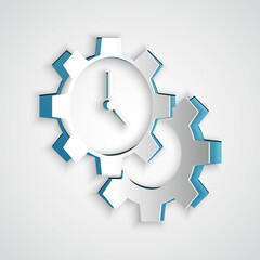 Paper cut Time Management icon isolated on grey background. Clock and gear sign. Productivity symbol. Paper art style. Vector