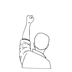 Man with a raised fist expresses his opinion. Vector illustration in the style of doodles, template, blank for posters, cards, banners.