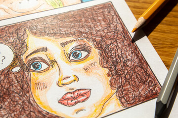 A storyboard sketch of a comic drawn on paper. Close-up character.