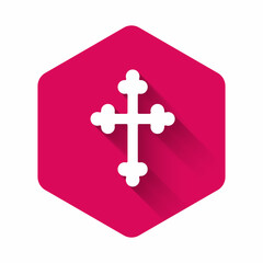 Obraz premium White Christian cross icon isolated with long shadow background. Church cross. Pink hexagon button. Vector