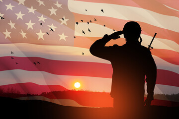 USA army soldier saluting on a background of sunset or sunrise and USA flag. Greeting card for Veterans Day, Memorial Day, Independence Day. America celebration. 3D-rendering.