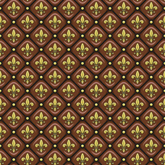 Seamless pattern with brown leather upholstery, golden fleur de lis. Vector background.
