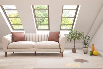 White living room with sofa and summer landscape in window. Scandinavian interior design. 3D illustration