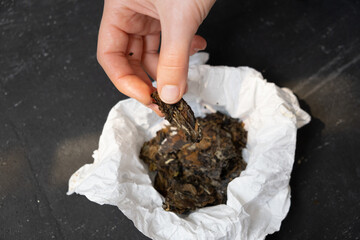 Luxury tea in paper with female hands on a dark vintage background. Tea ceremony concept