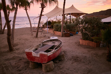 Old wooden boat by the sea among palm trees.  