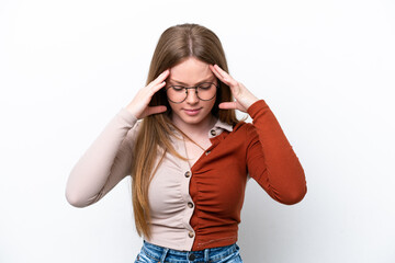 Young caucasian woman isolated on white background with headache