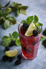 Summer. Drinks and cocktails. Mojito diablo. Beverage with grapefruit, blackberries and currants with ice and fresh mint in a glass on a light background. Summer. Background image, copy space