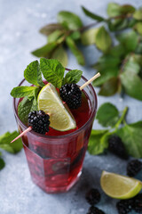 Summer. Drinks and cocktails. Mojito diablo. Beverage with grapefruit, blackberries and currants with ice and fresh mint in a glass on a light background. Summer. Background image, copy space