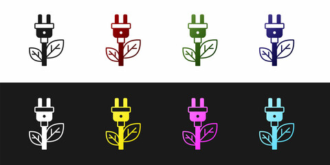 Set Electric saving plug in leaf icon isolated on black and white background. Save energy electricity. Environmental protection. Bio energy. Vector