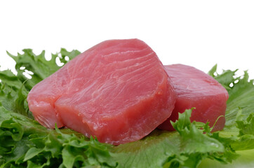 Red tuna steak, on white. This is considered the best tuna and is the type used in sushi.