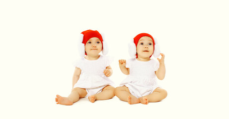 Portrait of two twin babies wearing red winter knitted hats on white background
