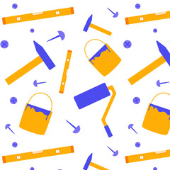 Seamless pattern with repair tools. Paint roller and can, hammer with nails. Vector illustration
