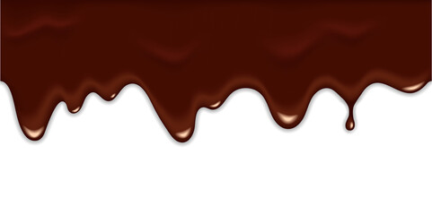 Seamless dripping melted dark or milk chocolate isolated on white background. Realistic vector 3d illustration of brown cream sauce, liquid cocoa or syrup drop. Horizontal border elements