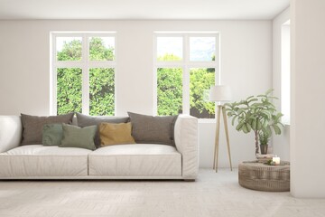 White living room with sofa and summer landscape in window. Scandinavian interior design. 3D illustration