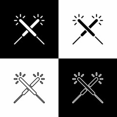 Set Sparkler firework icon isolated on black and white background. Festive Christmas sparkler candle lights. Merry Christmas and Happy New Year. Vector