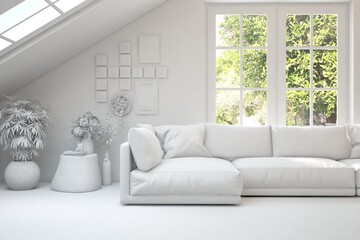 Mock up of stylish room in white color with sofa and green landscape in window. Scandinavian interior design. 3D illustration