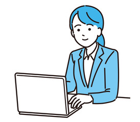 ノートパソコンで仕事をする会社員女性　イラスト