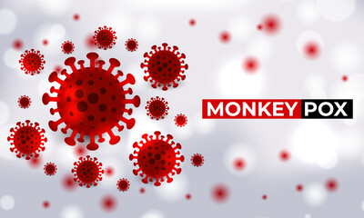 Monkeypox virus cells outbreak medical banner. Monkeypox virus cells on white sciense background. Monkey pox microbiological vector background. - obrazy, fototapety, plakaty