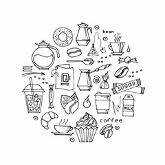 set of hand drawn coffee doodles: drinks, desserts, beans and other related objects. Vector sketch illustration background
