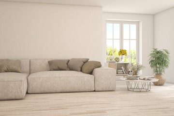 White living room with sofa. Scandinavian interior design. 3D illustration